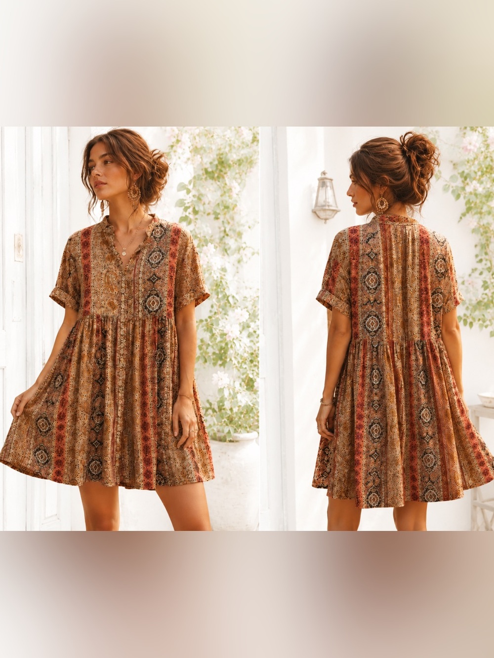 mittoshop Boho Paisley Earthy Short Sleeve Relaxed 100% Rayon Shirt Dress Medium